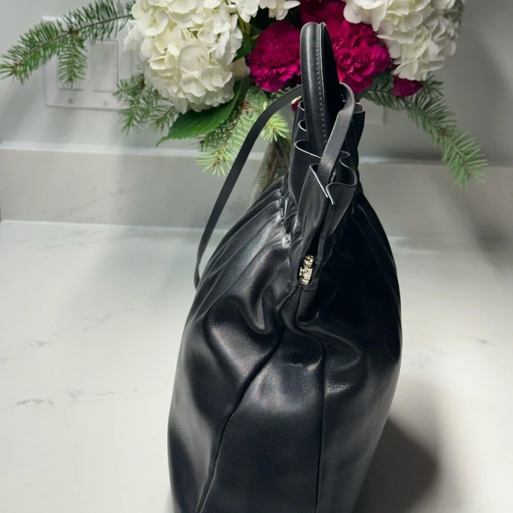 Loeffler Randall Joana Black Ruffled Leather Frame Shoulder Handle Bag